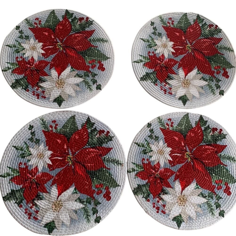 Set of 4 Max Studio Home Round Placemats Poinsettia Floral Holiday Christmas